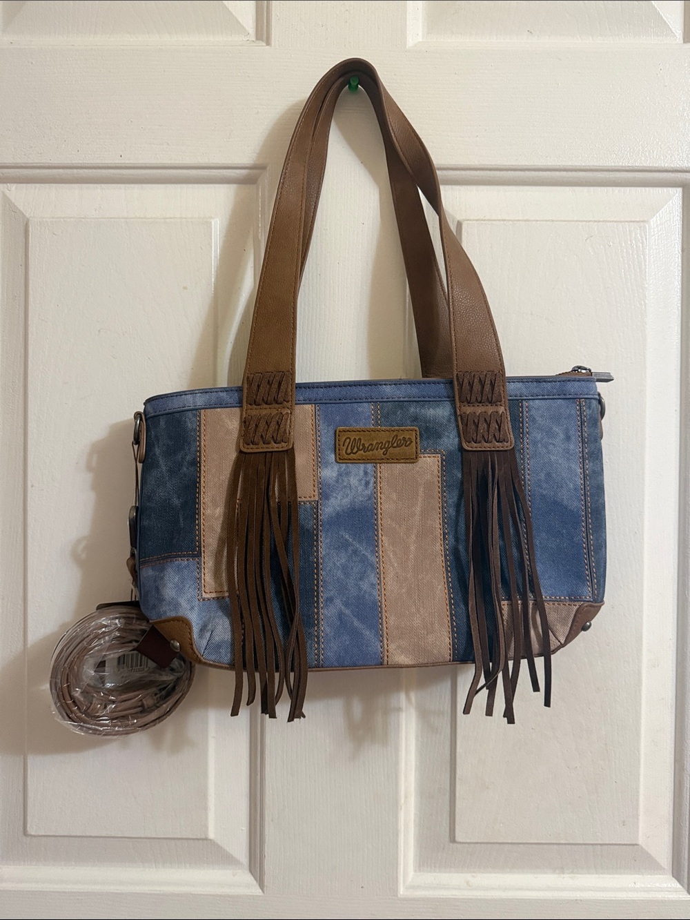 Wrangler Blue and Tan Fringe Patchwork Shoulder Tote